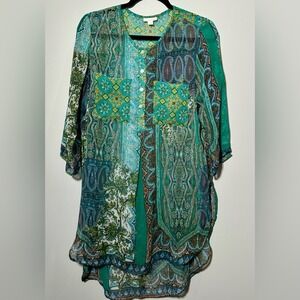 EUC WESTPORT Women's Green Large Sheer Tunic Boho Flowy Cottagecore Patchwork